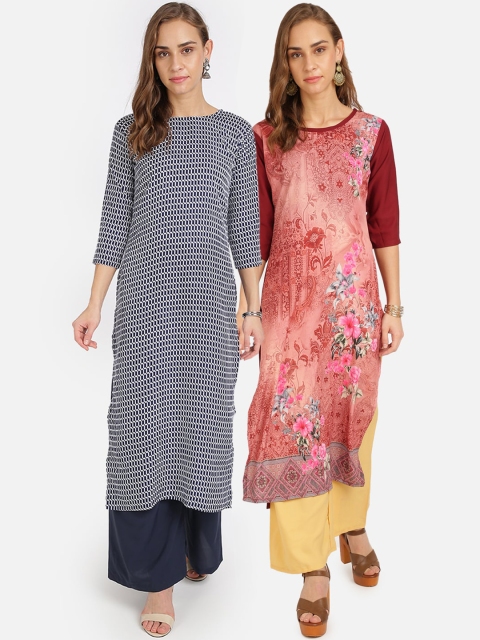 

Florence Women Multicoloured Floral Printed Crepe Kurta Pack of 2, Multi
