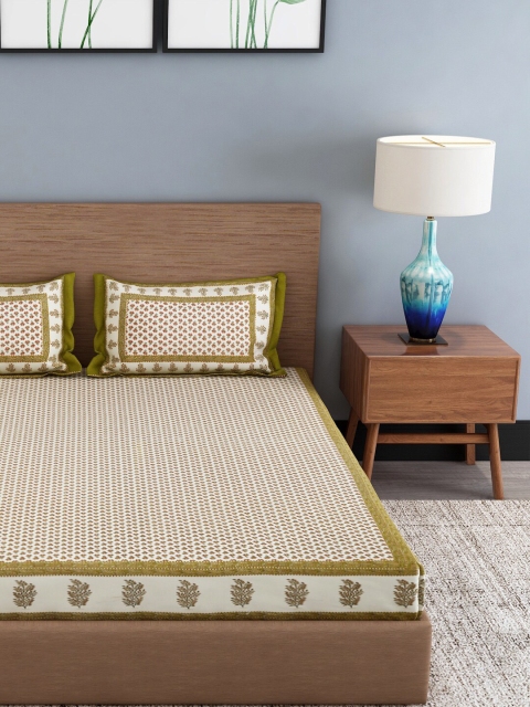 

Gulaab Jaipur Beige & Olive Green Ethnic Motifs 400 TC Cotton 1 Single Bedsheet with 2 Pillow Covers