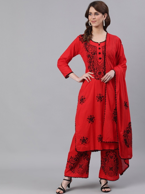 

Ishin Women Red Embroidered Kurta with Palazzos & Dupatta