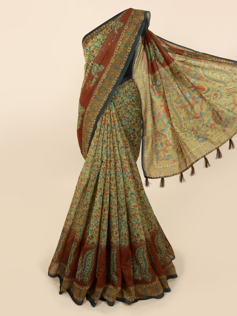 

Pothys Olive Green Cotton Blend Printed Chanderi Saree