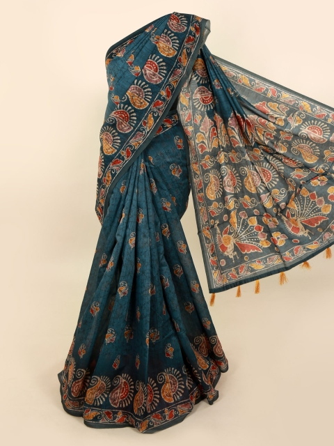 

Pothys Blue Cotton Blend Printed Chanderi Saree