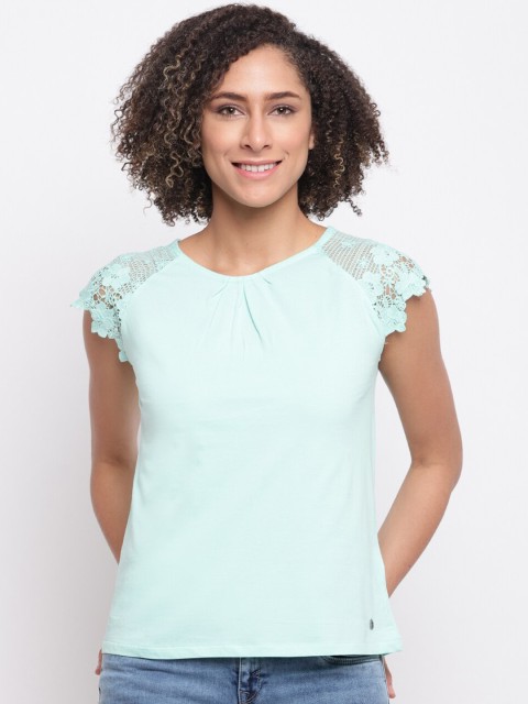 

Pepe Jeans Women Sea Green Self Design Round Neck T-shirt