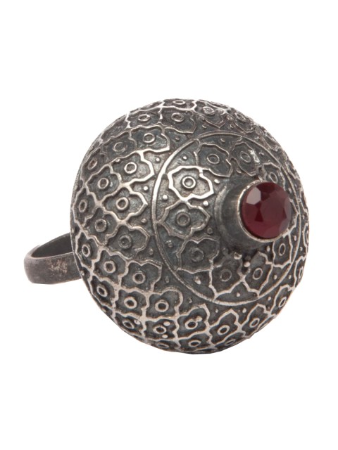 

Rubans Oxidised Silver-Plated Maroon Stone-Studded Handcrafted Adjustable Finger Ring