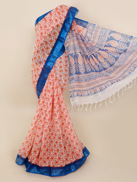

Pothys White & Orange Linen Blend Printed Saree