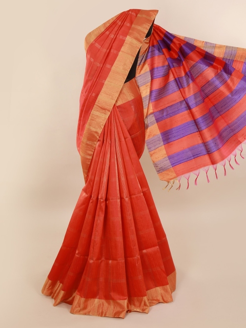 

Pothys Orange Zari Striped Jute Silk Saree