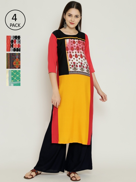 

7Threads Pack Of 4 Women Red Printed Crepe Kurta