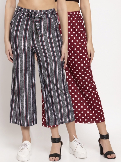 

KLOTTHE Women Pack of 2 Grey & Maroon Striped Wide Leg Palazzos
