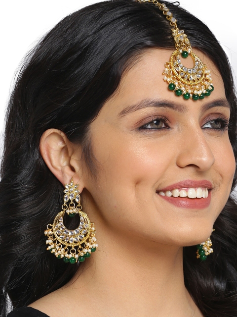 

Shining Diva Gold Plated White Kundan Studded & Green Beaded Jewellery Set