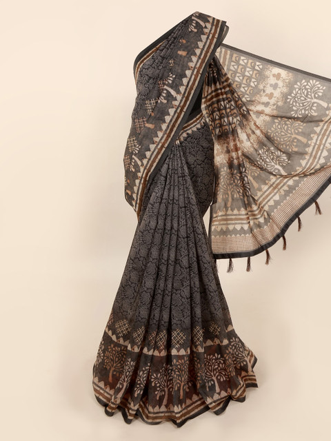 

Pothys Grey & Beige Cotton Blend Printed Saree With Tasseled Pallu