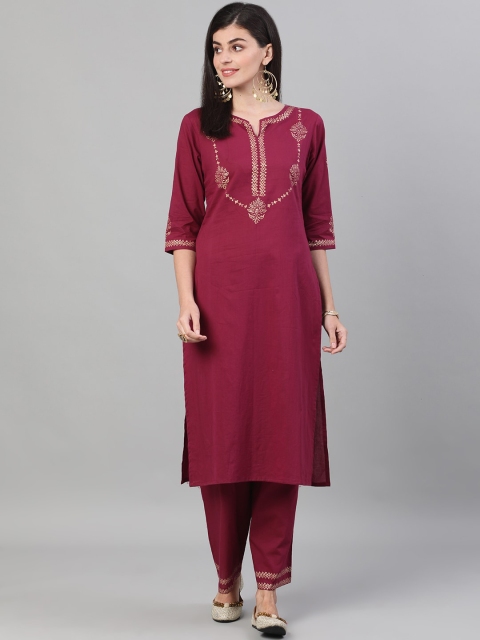 

Nayo Women Burgundy & Gold-Toned Printed Kurta with Trousers