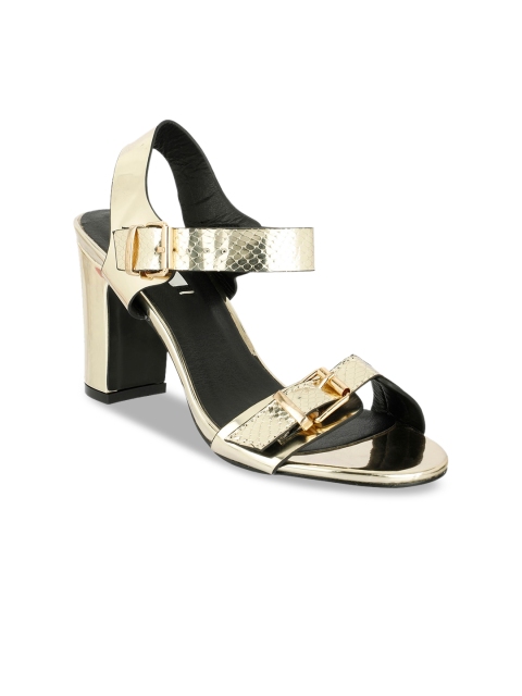 

ELLE Women Black & Muted Gold-Toned Textured Block Heels