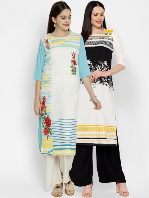 

7Threads Pack Of 2 Printed Crepe Round Neck Regular Sleeves Kurtas, White
