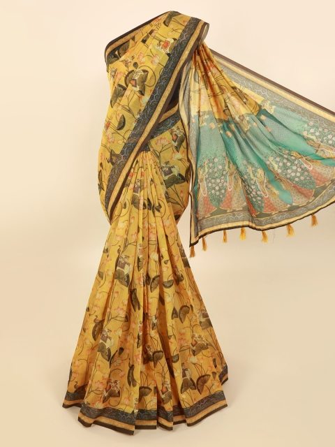 

Pothys Mustard & Green Cotton Blend Printed Saree With Tasseled Pallu