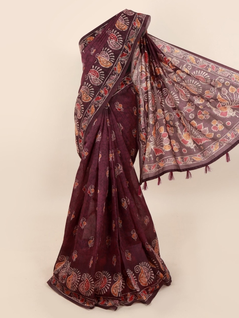 

Pothys Burgundy & Red Cotton Blend Printed Saree With Tasseled Pallu