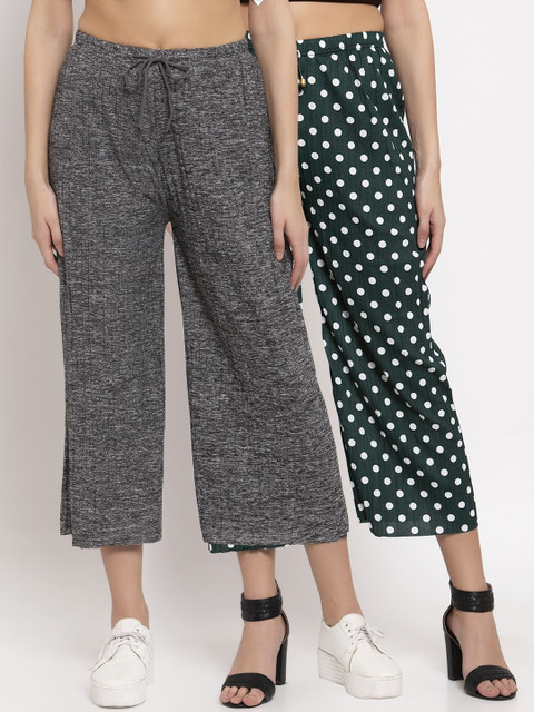 

KLOTTHE Women Pack of 2 Green & Grey Solid Wide Leg Palazzos