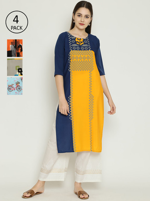 

7Threads Women Pack Of 4 Multicoloured Colourblocked Thread Work Crepe Kurtas, Multi