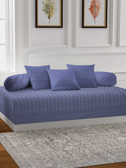 

NEUDIS Set of 6 Blue Hand-Woven Jacquard Bedsheet With Bolster & Cushion Covers