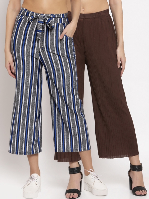 

KLOTTHE Women Pack of 2 Striped Wide Leg Palazzos, Brown