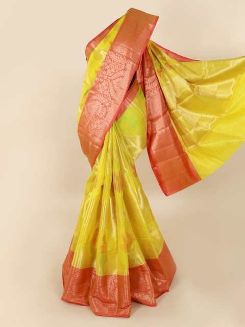 

Pothys Lime Green & Red Tissue Woven Design Saree