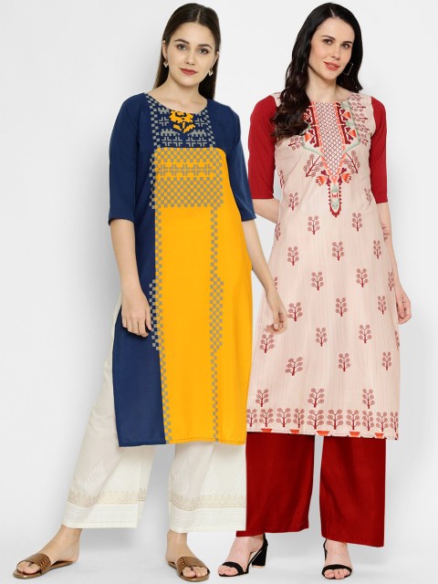 

7Threads Multicoloured Geometric Printed Crepe Kurta (Pack of 2), Multi