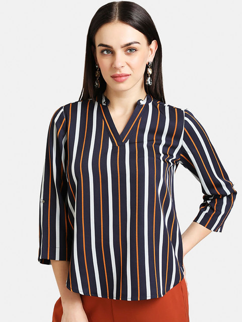 

Kazo Navy Blue Striped Mandarin Collar Top