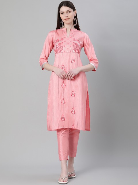 

ZIYAA Women Pink & Silver-Toned Printed Kurta with Trousers