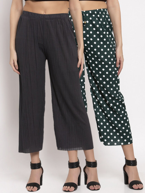 

KLOTTHE Women Pack of 2 Sea Green & Black Printed Wide Leg Palazzos