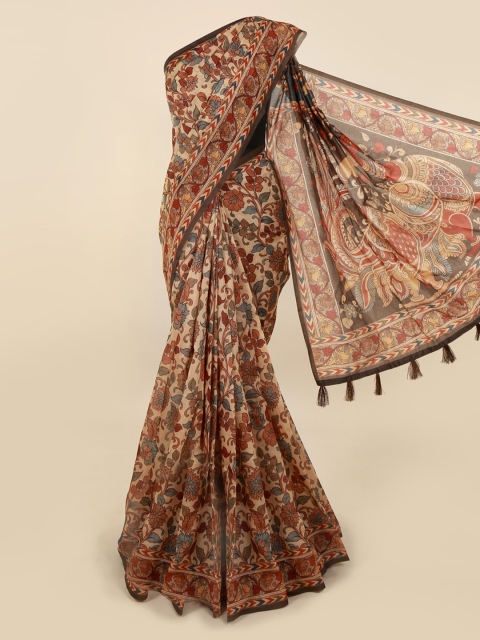 

Pothys Tan Printed Cotton Blend Saree With Tasseled Pallu