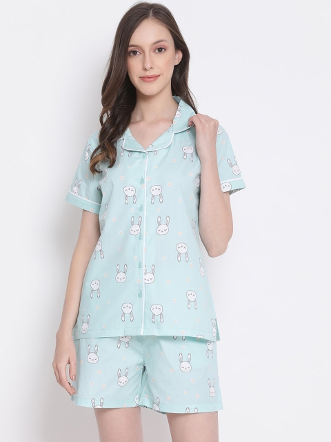 

Kanvin Women Turquoise Blue & White Printed Night suit
