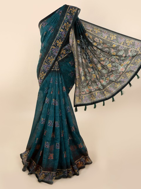 

Pothys Teal Printed Cotton Blend Chanderi Saree