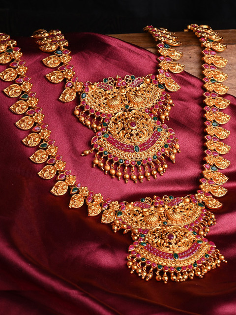 

Alankruthi Gold-Plated Red & Green Stone Studded Temple Jewellery Set
