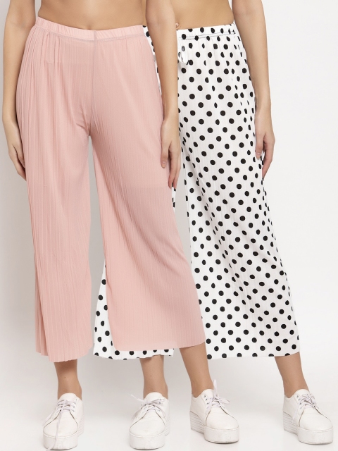 

KLOTTHE Women Pack of 2 Pink & White Solid Wide Leg Palazzos