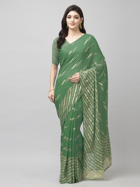 

Satrani Green Pure Georgette Woven Design Leheriya Saree