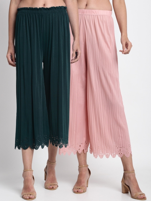 

NEUDIS Women Pack Of 2 Hem Design Wide Leg Palazzos, Green