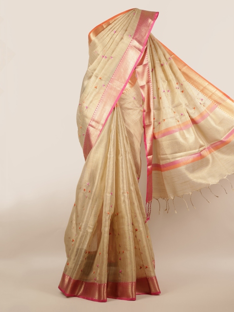

Pothys Cream-Coloured & Gold-Toned Tissue Embroidered Saree With Zari Border