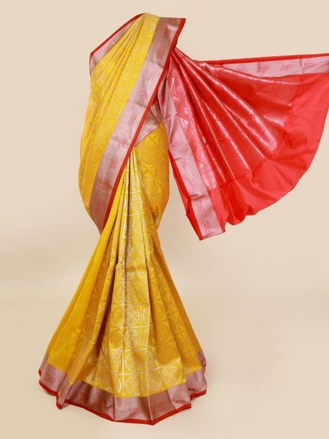 

Pothys Yellow & Silver-Toned Art Silk Woven Design Saree