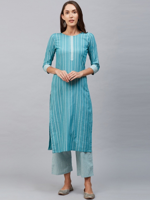 

SANISA Women Blue & White Striped Kurta with Trousers
