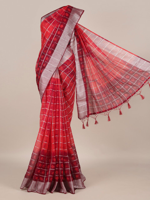 

Pothys Red Checked Linen Blend Saree