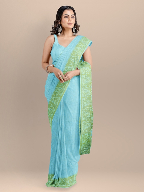 

BharatSthali Blue & Green Pure Cotton Solid Maheshwari Saree