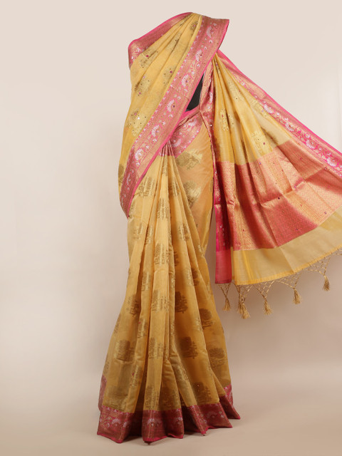 

Pothys Mustard & Gold-Toned Cotton Blend Woven Design Saree With Tasseled Pallu