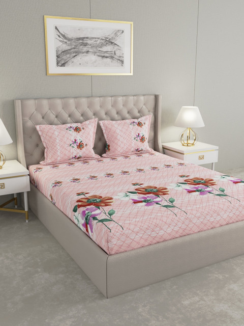 

Raymond Home Pink & Green Floral 210 TC Cotton 1 King Bedsheet with 2 Pillow Covers