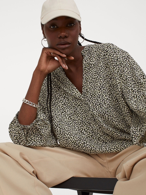 

H&M Women Black & Cream-Coloured Lyocell-Blend Sustainable Blouse