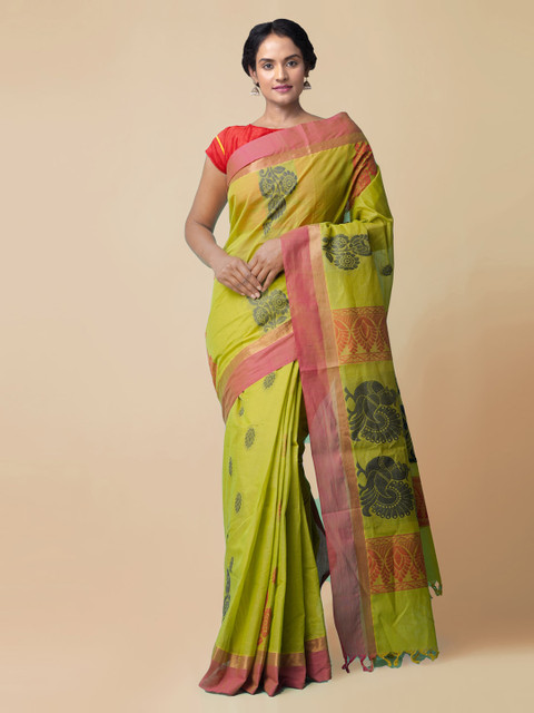 

Unnati Silks Green Pure Cotton Woven Design Handloom Uppada Saree