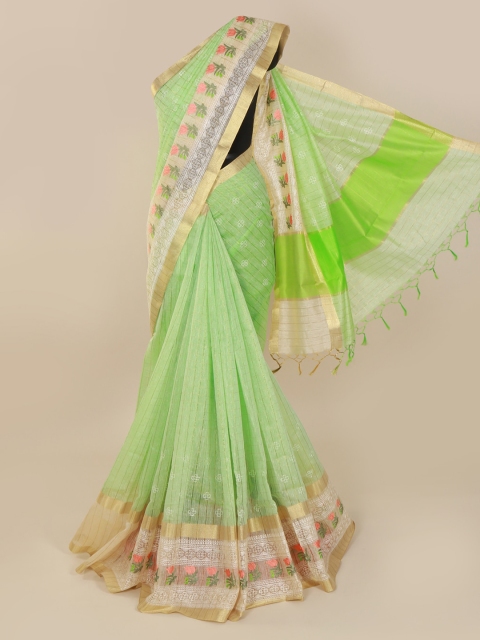 

Pothys Green & Gold-Toned Linen Blend Striped Saree
