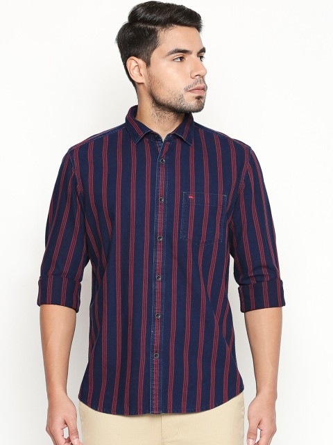 

Basics Men Navy Blue & Red Slim Fit Striped Casual Shirt