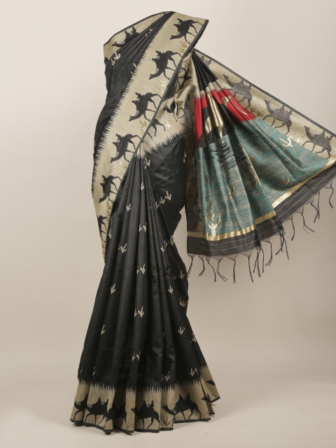Pothys Black Solid Jute Silk Saree