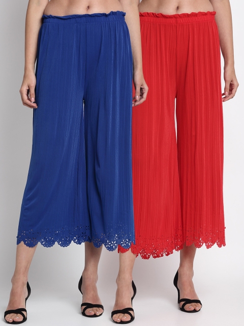 

NEUDIS Women Blue & Red Hem Design Straight Palazzos