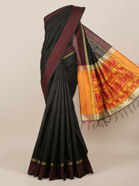 

Pothys Black & Maroon Jute Silk Solid Saree