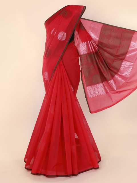

Pothys Red & Silver-Toned Silk Cotton Woven Design Saree