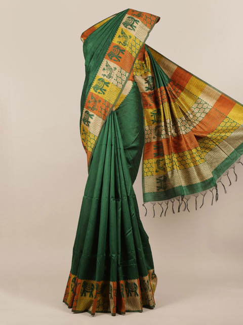 

Pothys Green Solid Jute Silk Saree